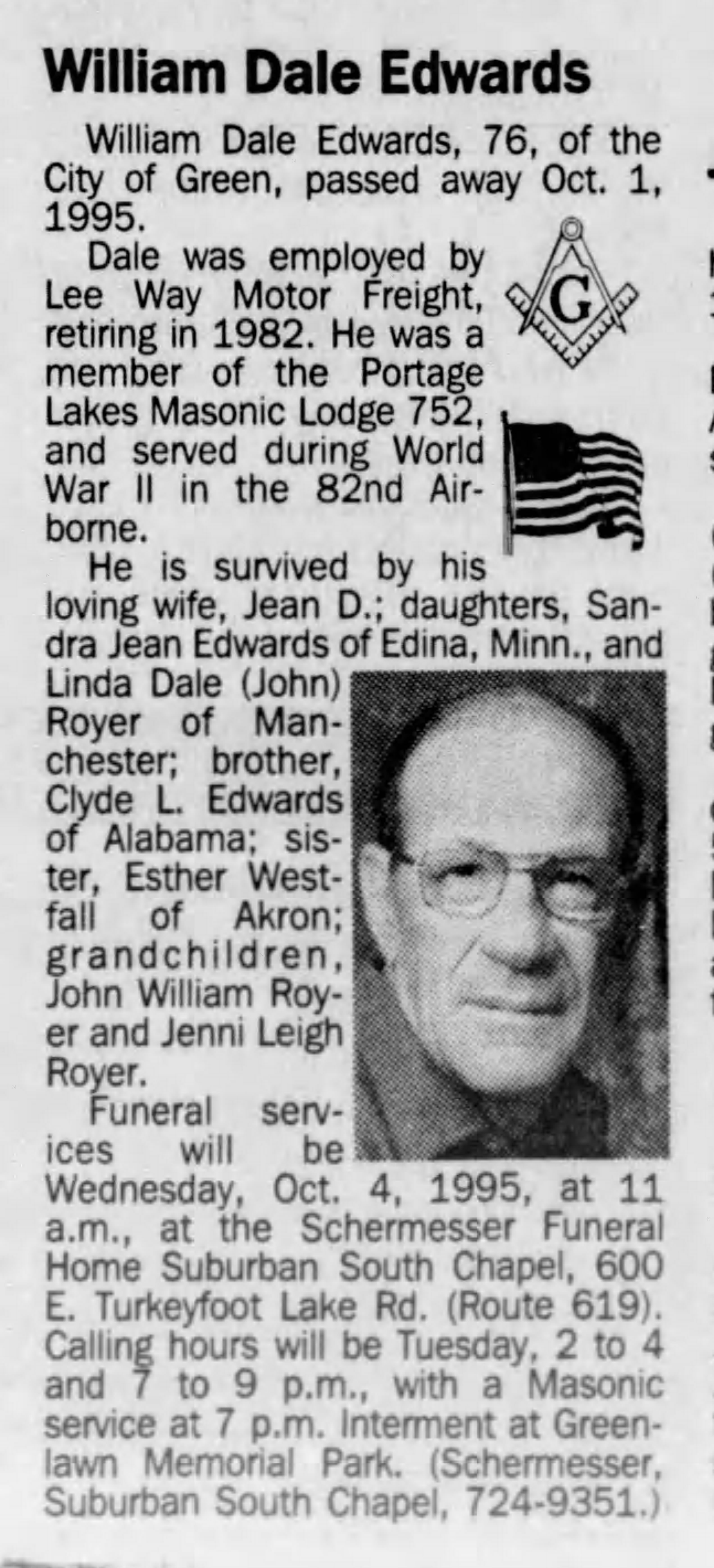 William Dale Edwards obituary 1995